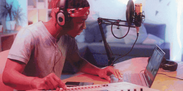 A compilation of GIFS featuring Black artists; in a recording studio, singing a song, and writing sheet music at a desk.