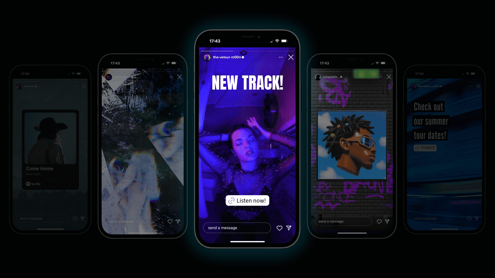 Mock-ups of iPhones playing various live images (GIFS) in the format of an Instagram Story.